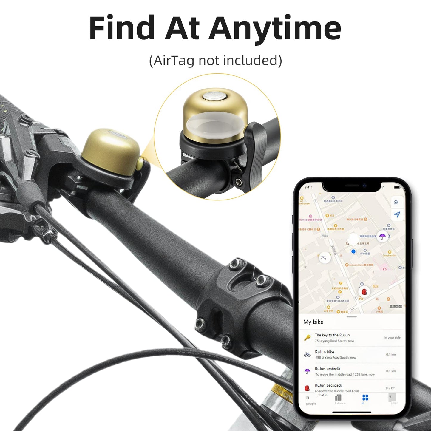 AirTag+AirTag Bike Bell, Anti-Theft Tracker for 0.87"/22.2mm, 1"/25.4mm, Handlebars