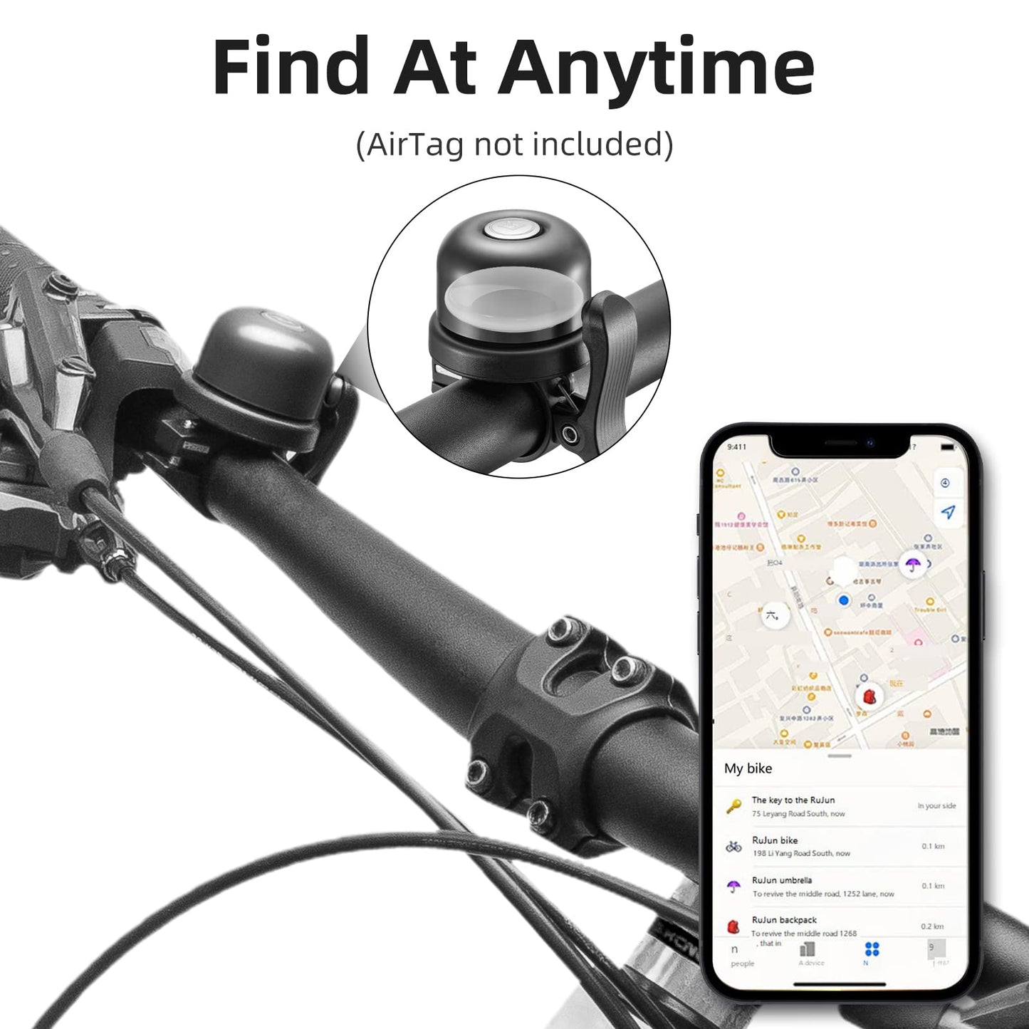 AirTag+AirTag Bike Bell, Anti-Theft Tracker for 0.87"/22.2mm, 1"/25.4mm, Handlebars