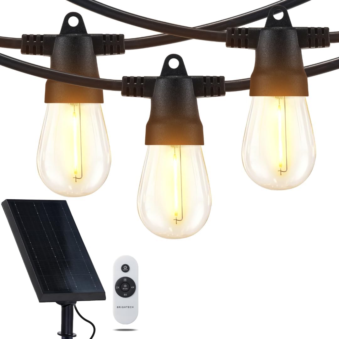 Brightech Ambience Pro Solar Powered Outdoor String Lights, 27 ft Commercial Grade Waterproof Patio Lights, 12 Edison Bulbs, Shatterproof LED String Lights for Outside, Porch - 1W Soft White