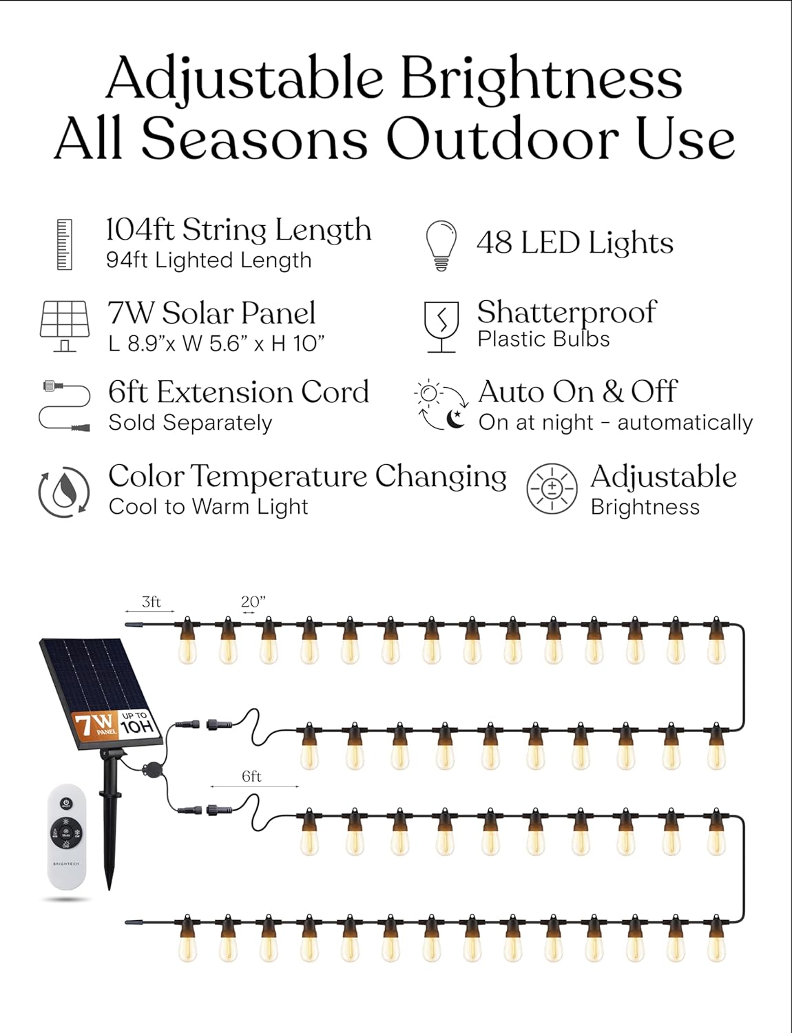 Brightech Ambience Pro Solar Powered Outdoor String Lights, 27 ft Commercial Grade Waterproof Patio Lights, 12 Edison Bulbs, Shatterproof LED String Lights for Outside, Porch - 1W Soft White