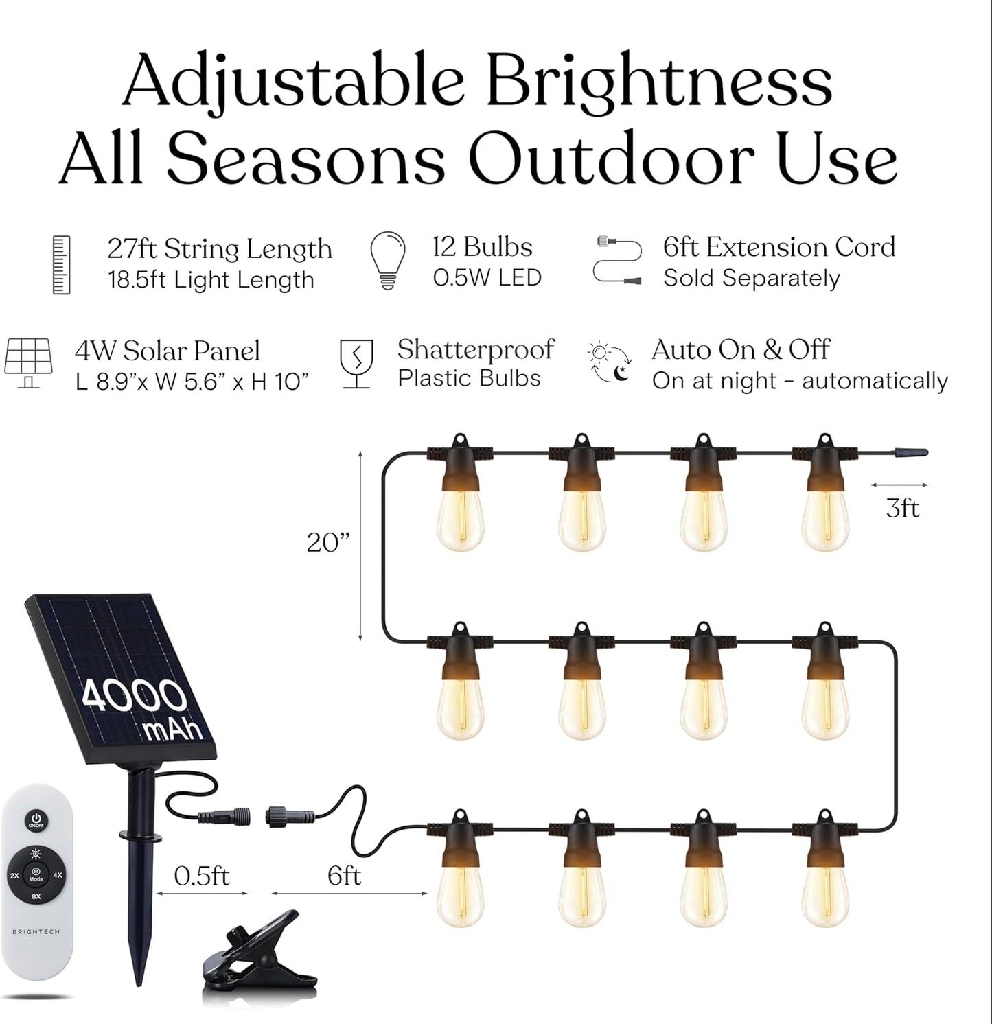 Brightech Ambience Pro Solar Powered Outdoor String Lights, 27 ft Commercial Grade Waterproof Patio Lights, 12 Edison Bulbs, Shatterproof LED String Lights for Outside, Porch - 1W Soft White