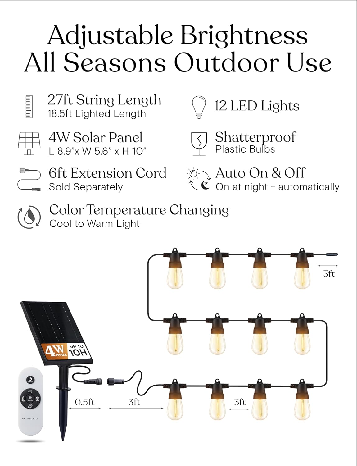 Brightech Ambience Pro Solar Powered Outdoor String Lights, 27 ft Commercial Grade Waterproof Patio Lights, 12 Edison Bulbs, Shatterproof LED String Lights for Outside, Porch - 1W Soft White