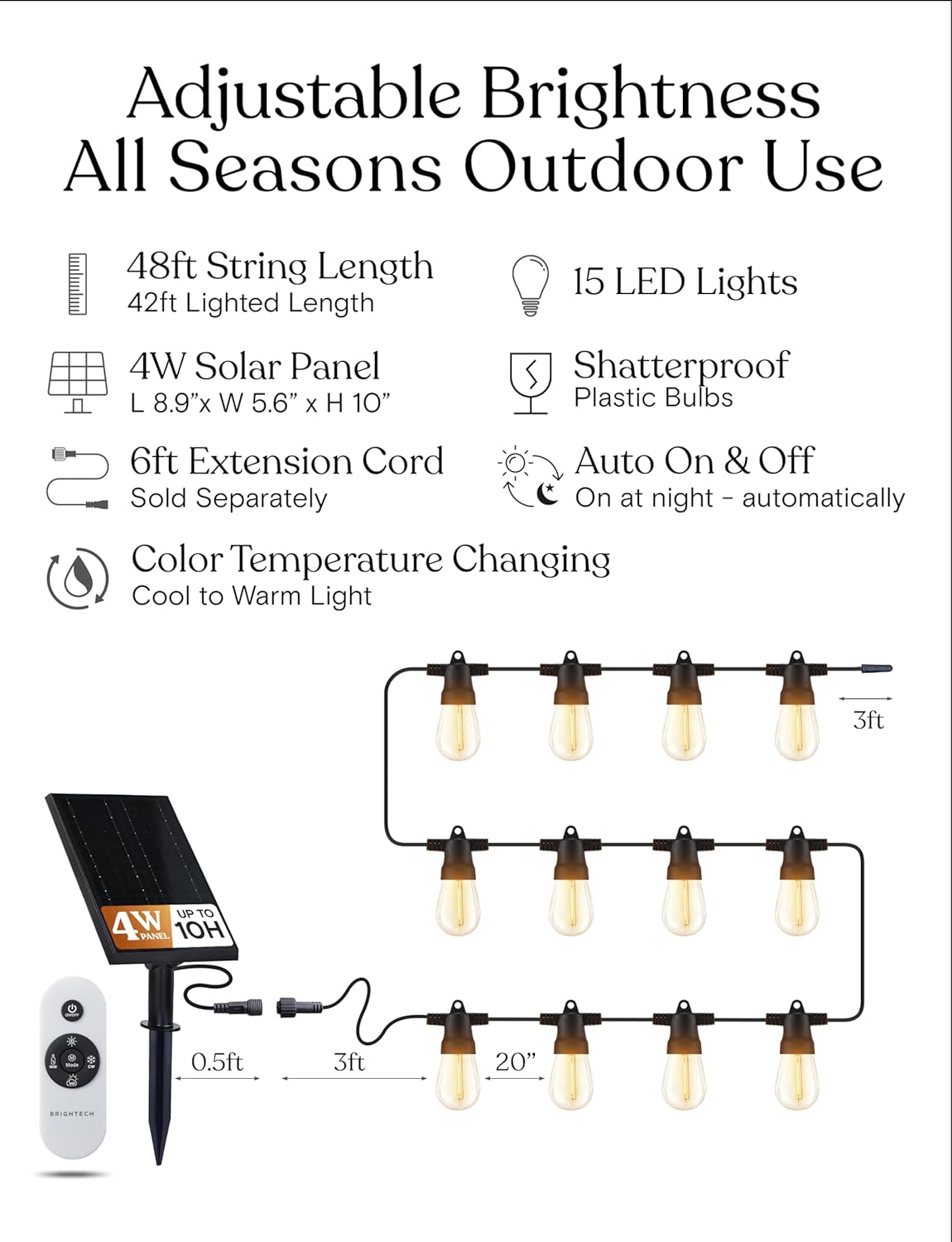 Brightech Ambience Pro Solar Powered Outdoor String Lights, 27 ft Commercial Grade Waterproof Patio Lights, 12 Edison Bulbs, Shatterproof LED String Lights for Outside, Porch - 1W Soft White