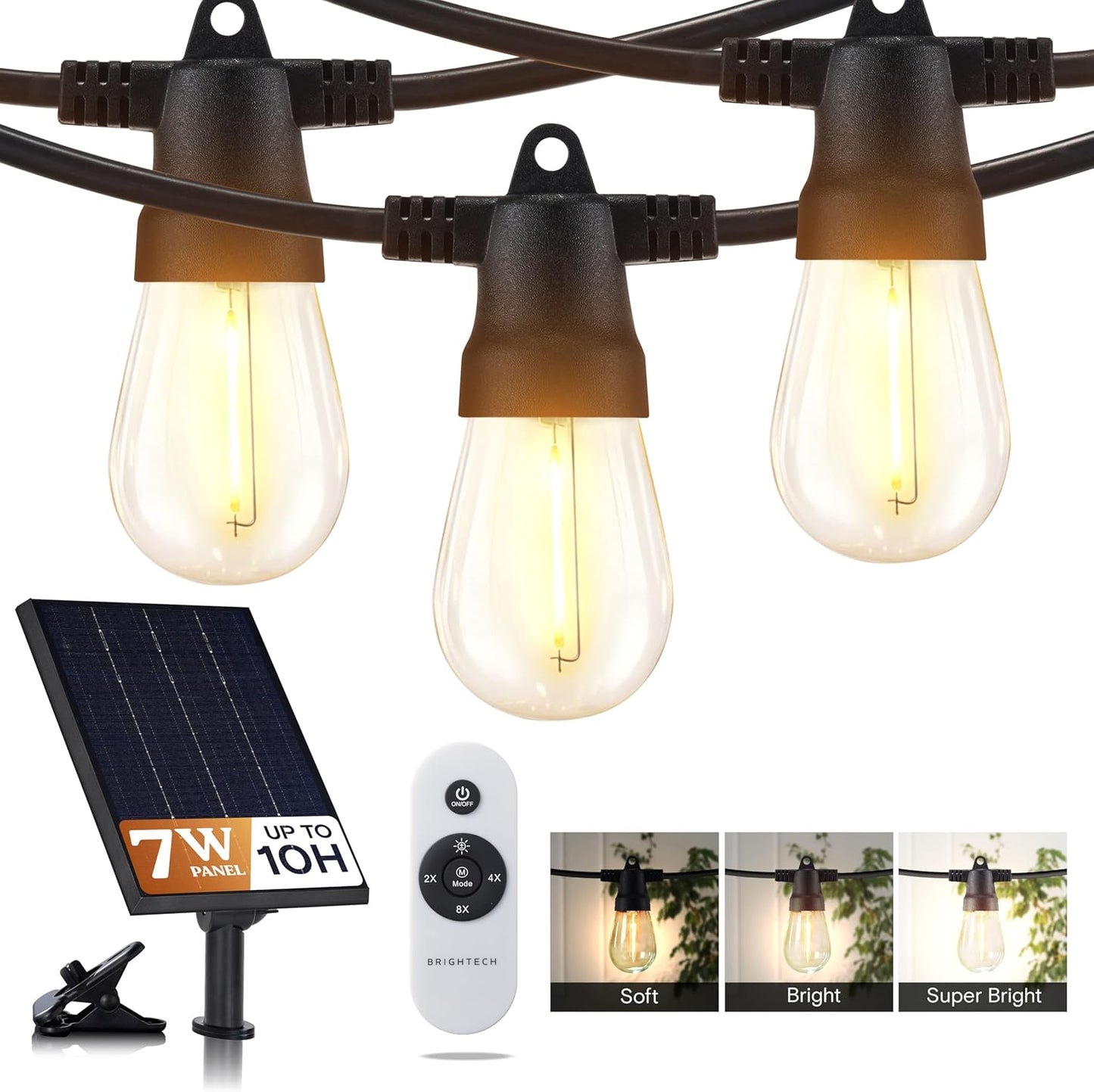 Brightech Ambience Pro Solar Powered Outdoor String Lights, 27 ft Commercial Grade Waterproof Patio Lights, 12 Edison Bulbs, Shatterproof LED String Lights for Outside, Porch - 1W Soft White