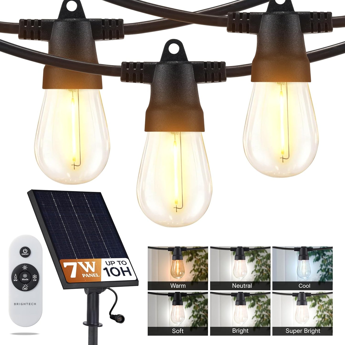 Brightech Ambience Pro Solar Powered Outdoor String Lights, 27 ft Commercial Grade Waterproof Patio Lights, 12 Edison Bulbs, Shatterproof LED String Lights for Outside, Porch - 1W Soft White