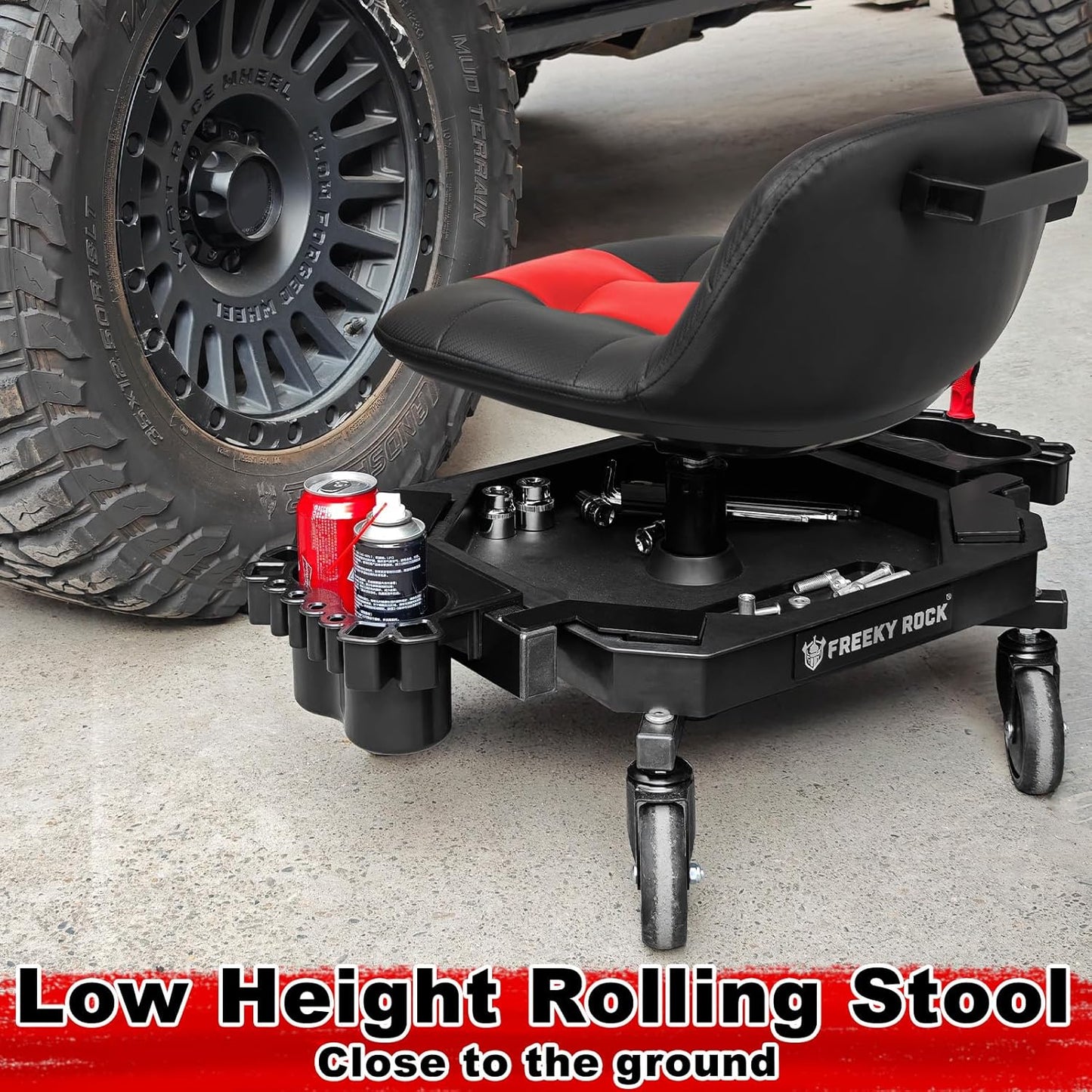 Rolling Stool with Wheels, Adjustable Height Pneumatic Garage Work Mechanic Stool Seat with Backrest, 400 LBS Capacity 360° Swivel Mechanic Crepper Chair with Tool Tray Storage, Red