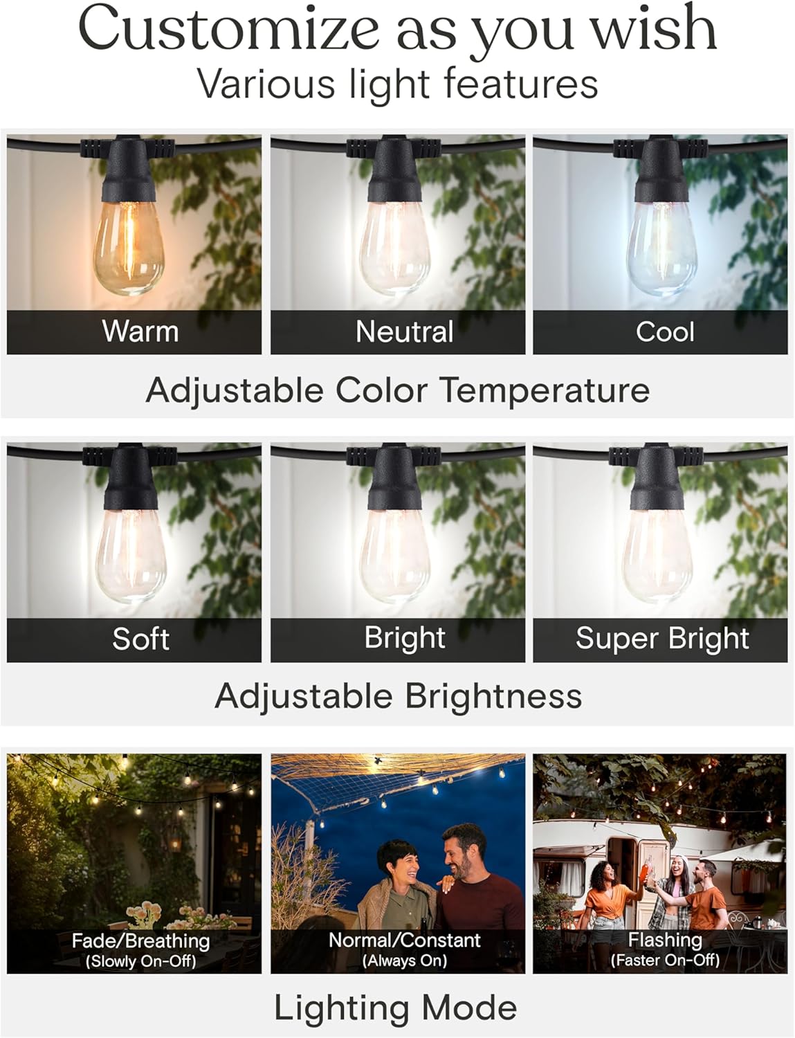 Brightech Ambience Pro Solar Powered Outdoor String Lights, 27 ft Commercial Grade Waterproof Patio Lights, 12 Edison Bulbs, Shatterproof LED String Lights for Outside, Porch - 1W Soft White