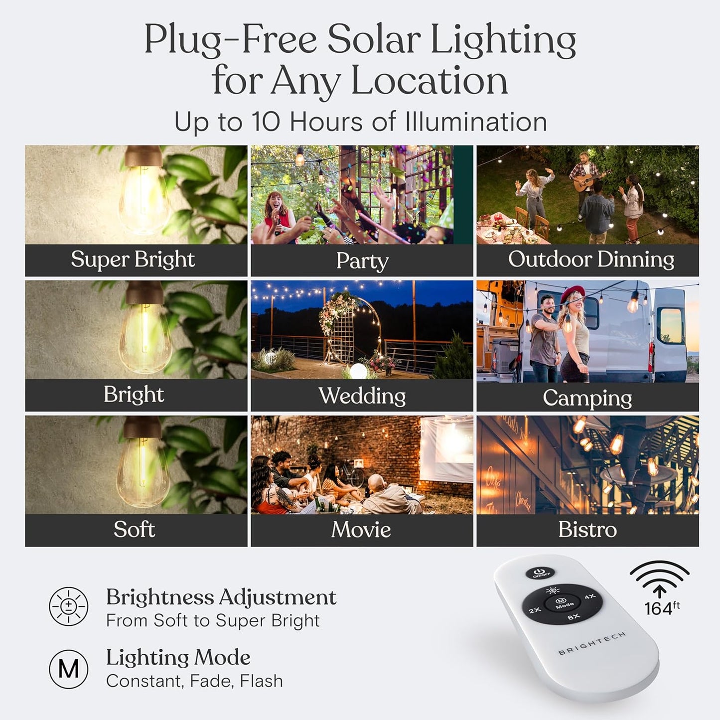 Brightech Ambience Pro Solar Powered Outdoor String Lights, 27 ft Commercial Grade Waterproof Patio Lights, 12 Edison Bulbs, Shatterproof LED String Lights for Outside, Porch - 1W Soft White