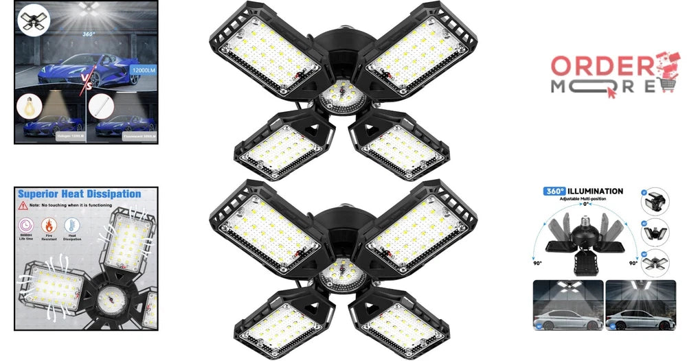 2 Pack 12000LM LED Garage Light Bulbs - Adjustable Panels for Optimal Coverage