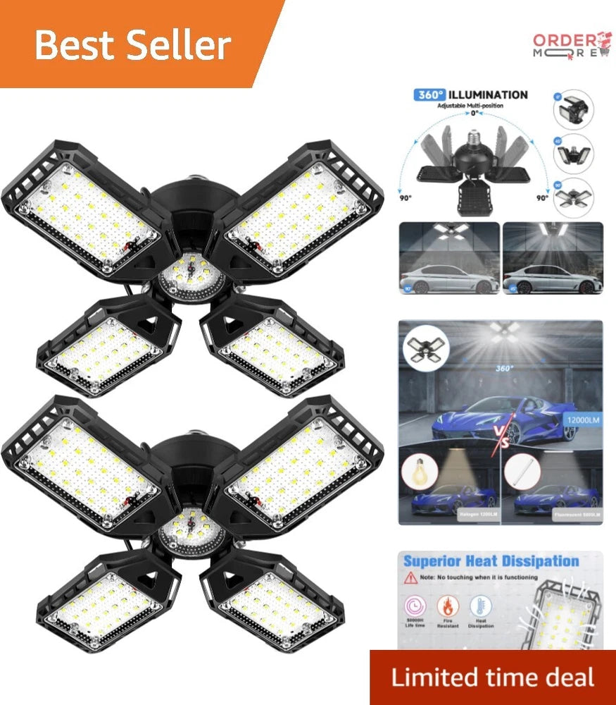 2 Pack 12000LM LED Garage Light Bulbs - Adjustable Panels for Optimal Coverage