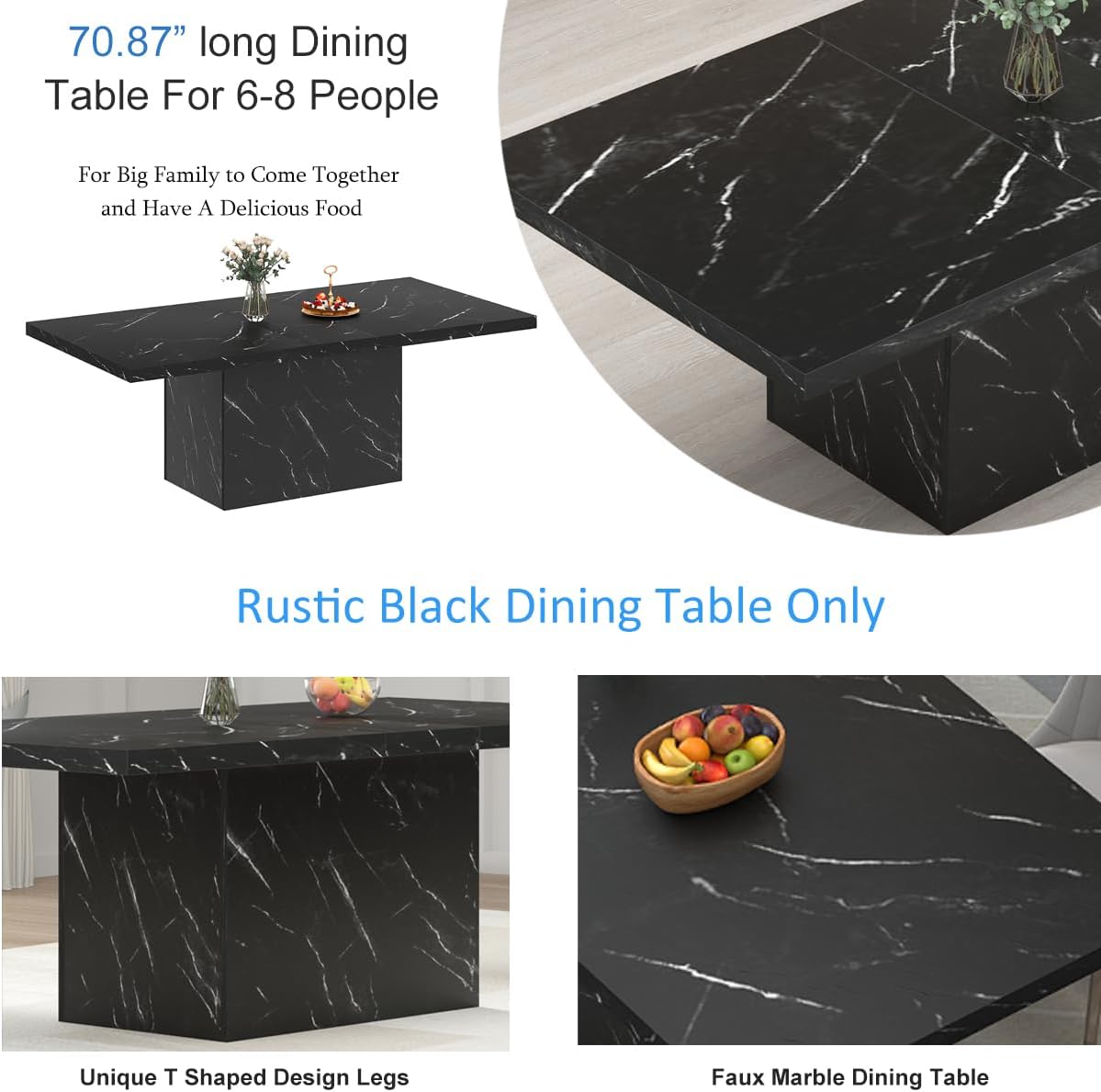 HSH 71" Black Faux Marble Dining Table for 6-8, Rectangle Dining Room Table