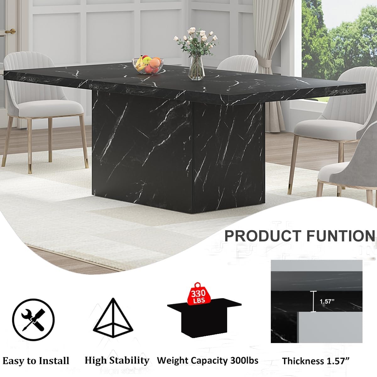 HSH 71" Black Faux Marble Dining Table for 6-8, Rectangle Dining Room Table