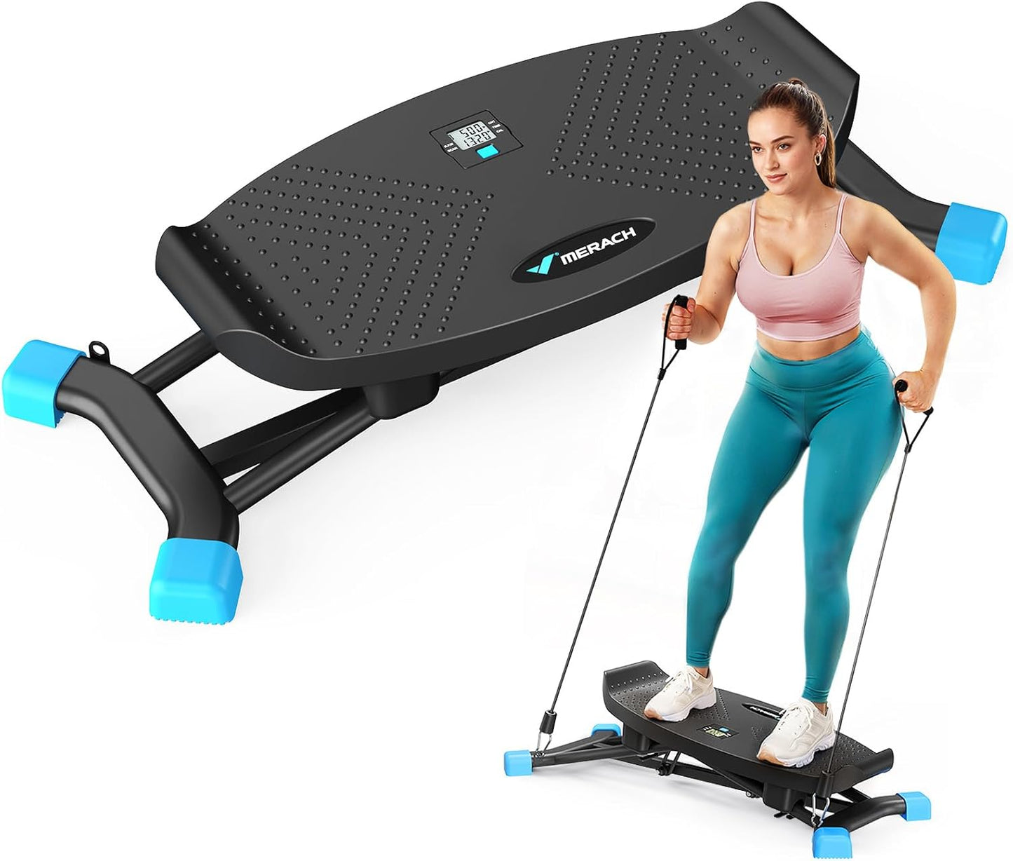 Merach Rocking Steppers for Exercise at Home, Mini Stair Stepper with Resistance Bands, Portable Balance Board Featuring LCD Monitor, 300 lbs Capacity Ski Trainer for Full Body Workout at Home Gym