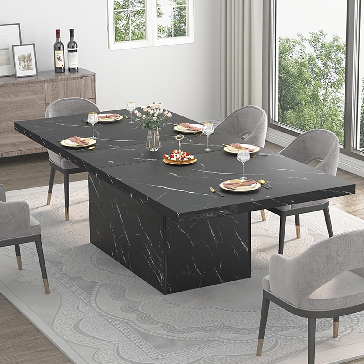 HSH 71" Black Faux Marble Dining Table for 6-8, Rectangle Dining Room Table