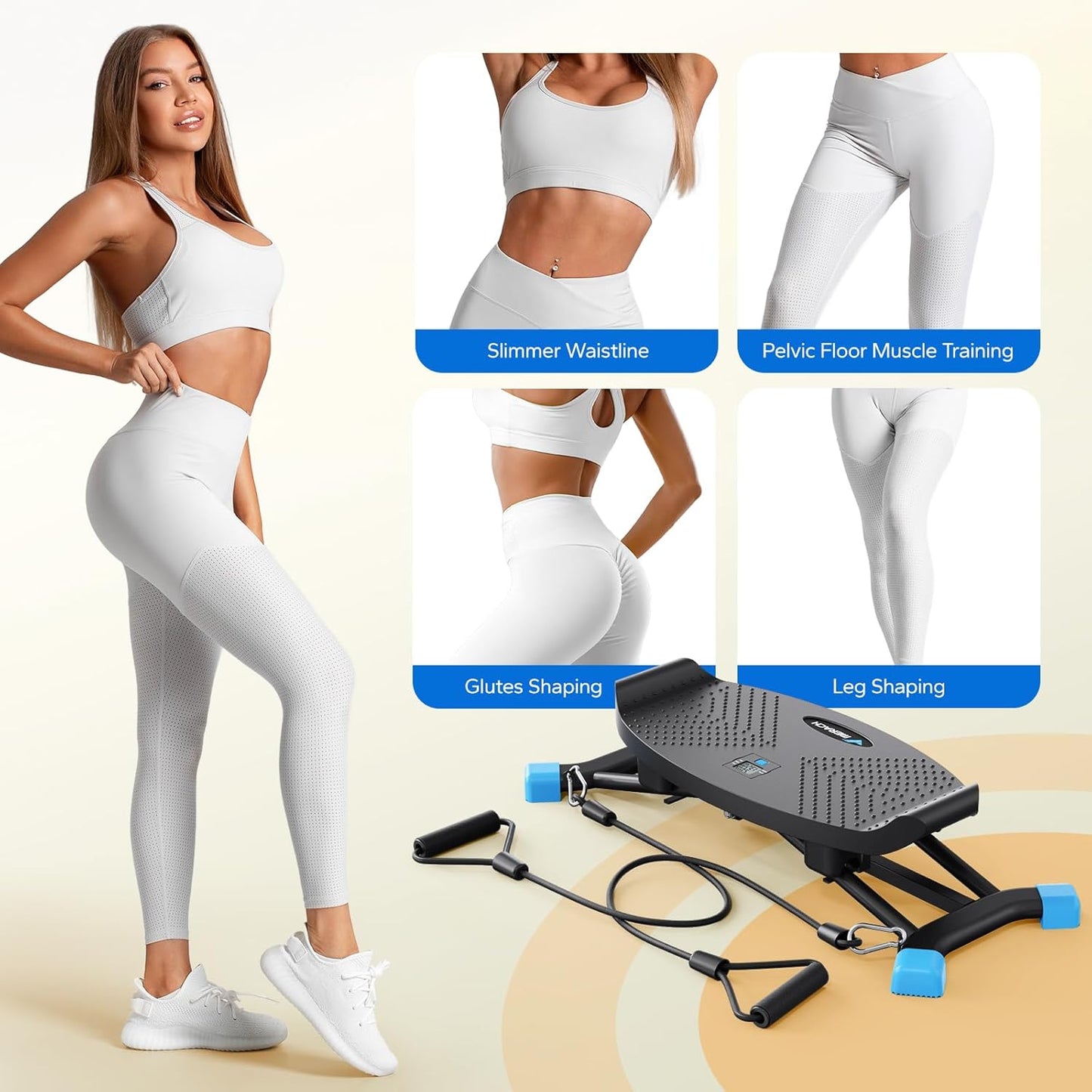 Merach Rocking Steppers for Exercise at Home, Mini Stair Stepper with Resistance Bands, Portable Balance Board Featuring LCD Monitor, 300 lbs Capacity Ski Trainer for Full Body Workout at Home Gym