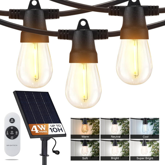 Brightech Ambience Pro Solar Powered Outdoor String Lights, 27 ft Commercial Grade Waterproof Patio Lights, 12 Edison Bulbs, Shatterproof LED String Lights for Outside, Porch - 1W Soft White