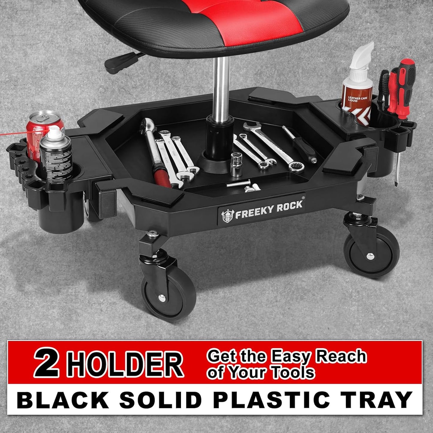 Rolling Stool with Wheels, Adjustable Height Pneumatic Garage Work Mechanic Stool Seat with Backrest, 400 LBS Capacity 360° Swivel Mechanic Crepper Chair with Tool Tray Storage, Red