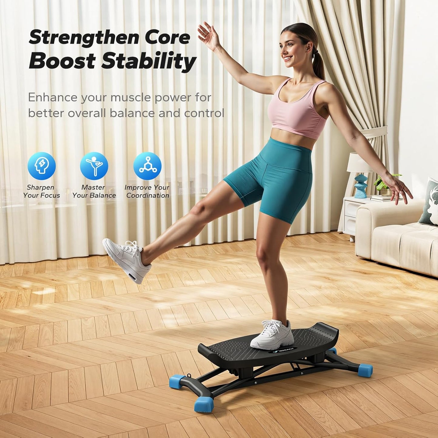 Merach Rocking Steppers for Exercise at Home, Mini Stair Stepper with Resistance Bands, Portable Balance Board Featuring LCD Monitor, 300 lbs Capacity Ski Trainer for Full Body Workout at Home Gym