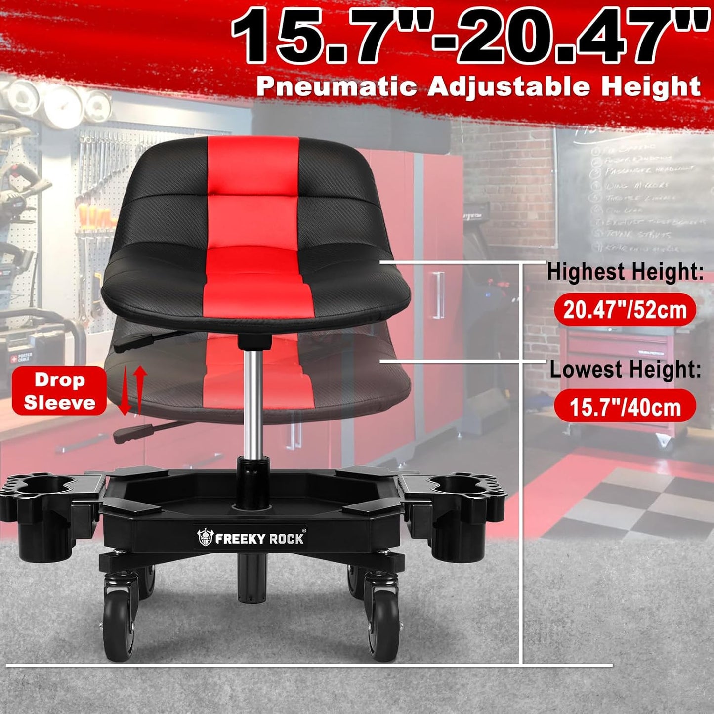 Rolling Stool with Wheels, Adjustable Height Pneumatic Garage Work Mechanic Stool Seat with Backrest, 400 LBS Capacity 360° Swivel Mechanic Crepper Chair with Tool Tray Storage, Red