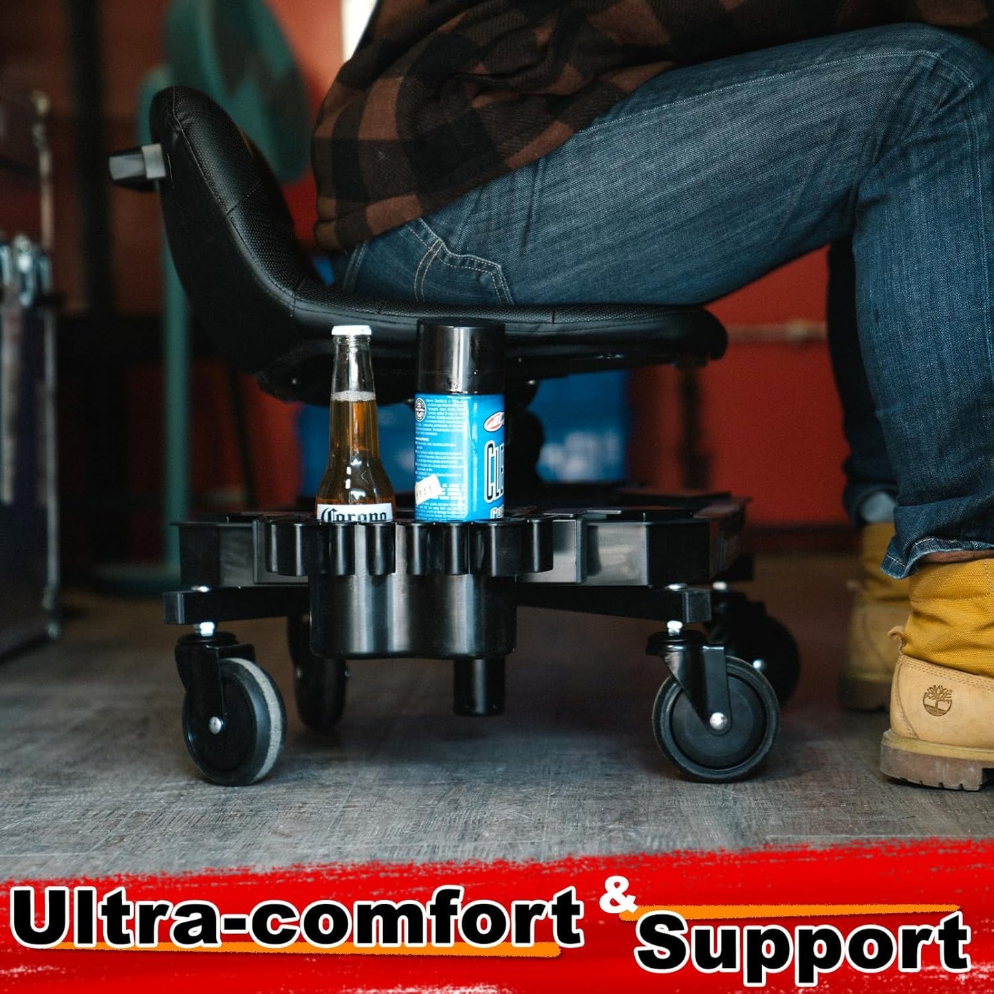 Rolling Stool with Wheels, Adjustable Height Pneumatic Garage Work Mechanic Stool Seat with Backrest, 400 LBS Capacity 360° Swivel Mechanic Crepper Chair with Tool Tray Storage, Red