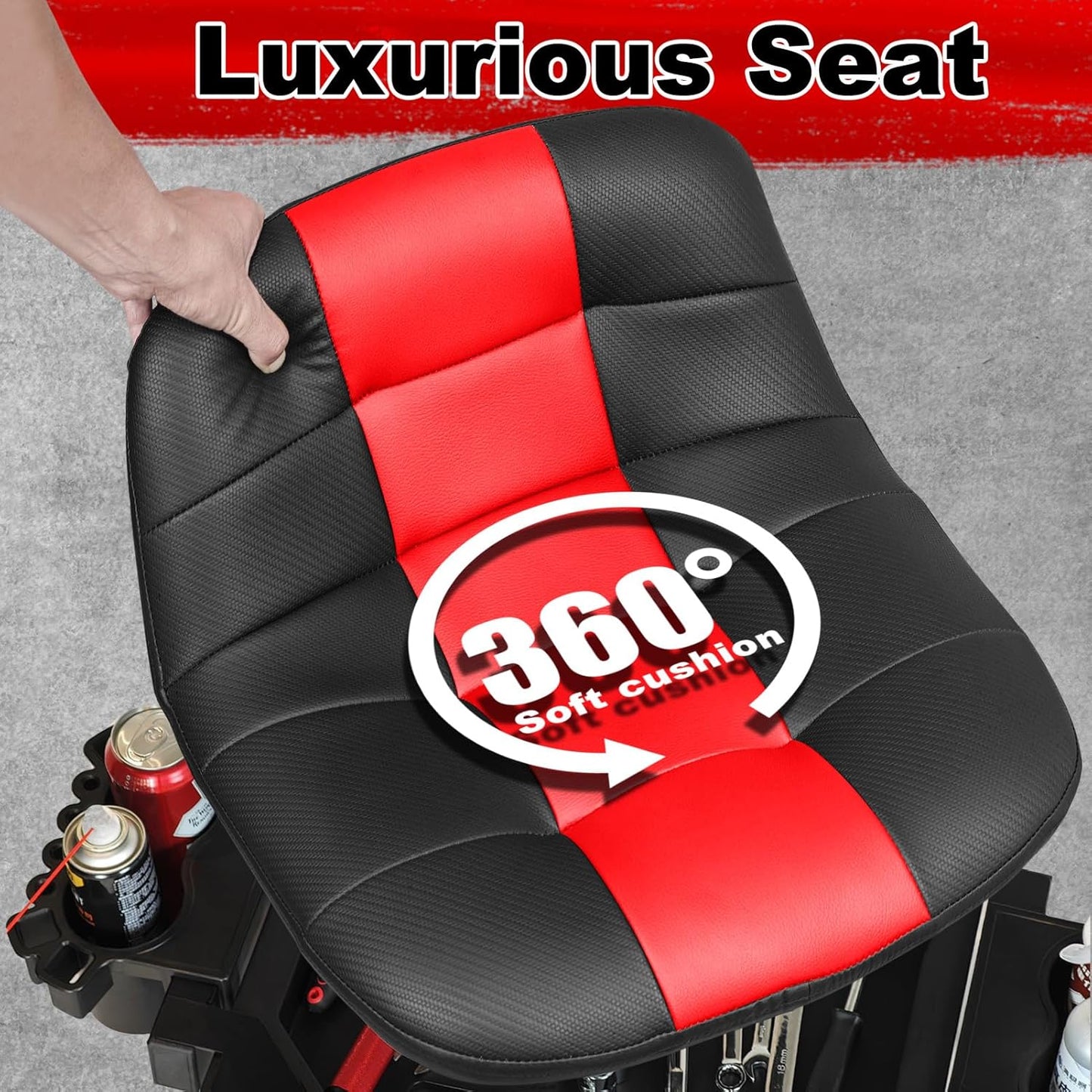 Rolling Stool with Wheels, Adjustable Height Pneumatic Garage Work Mechanic Stool Seat with Backrest, 400 LBS Capacity 360° Swivel Mechanic Crepper Chair with Tool Tray Storage, Red