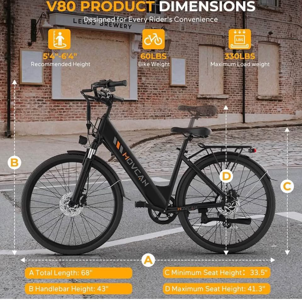 Movcan V80 Ebike, 1000W Motor 28MPH 26'' 48V 13Ah