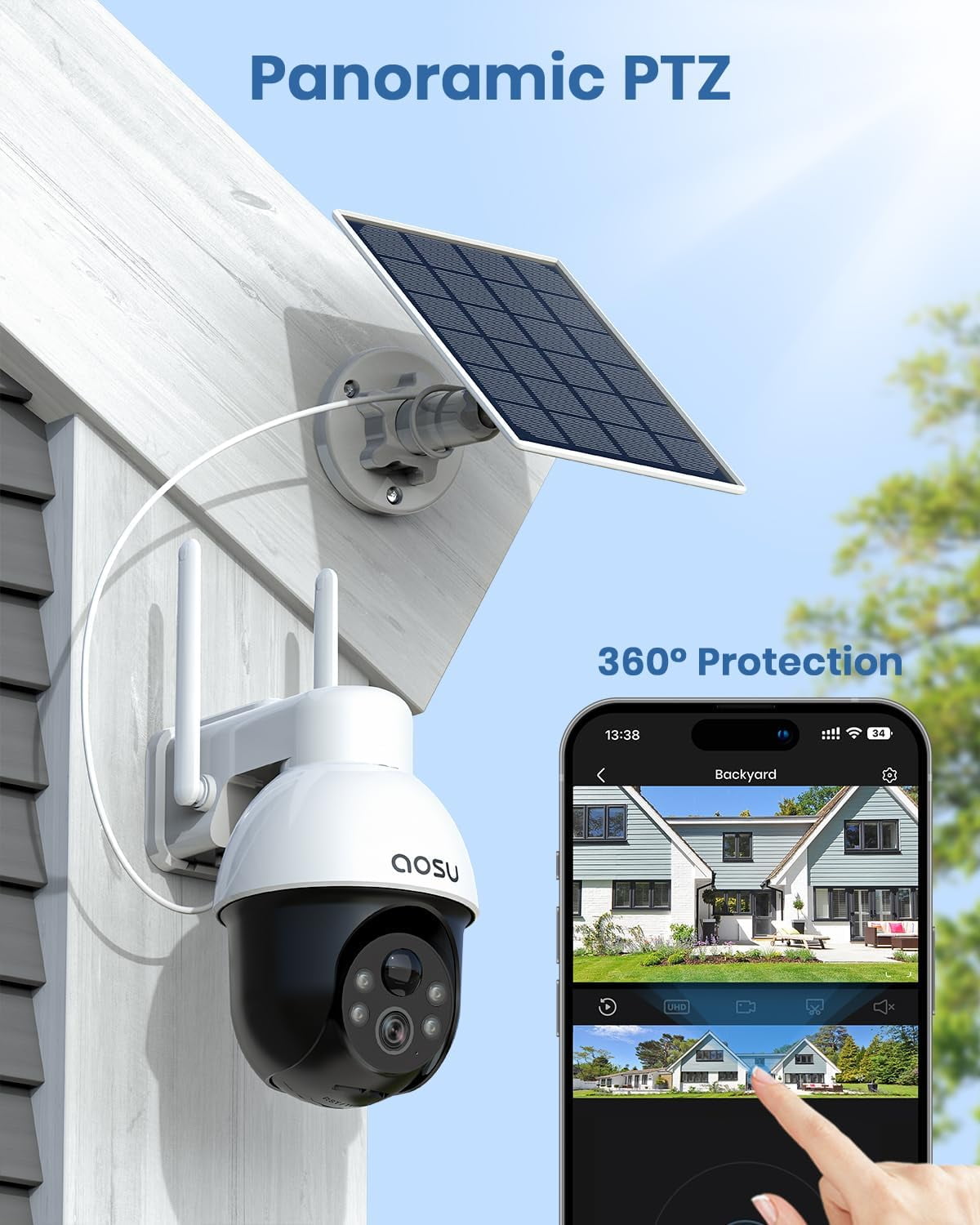 AOSU Solar Security Camera,5MP Wireless Outdoor Cameras,360° Surveillance,Auto Tracking, Human/Vehicle Detection,works with Alexa/Google Assistant